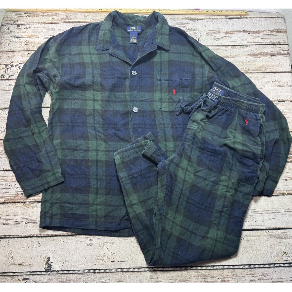 Polo Ralph Lauren Flannel Blue & Green Mens Large Plaid Collared Pajama Set